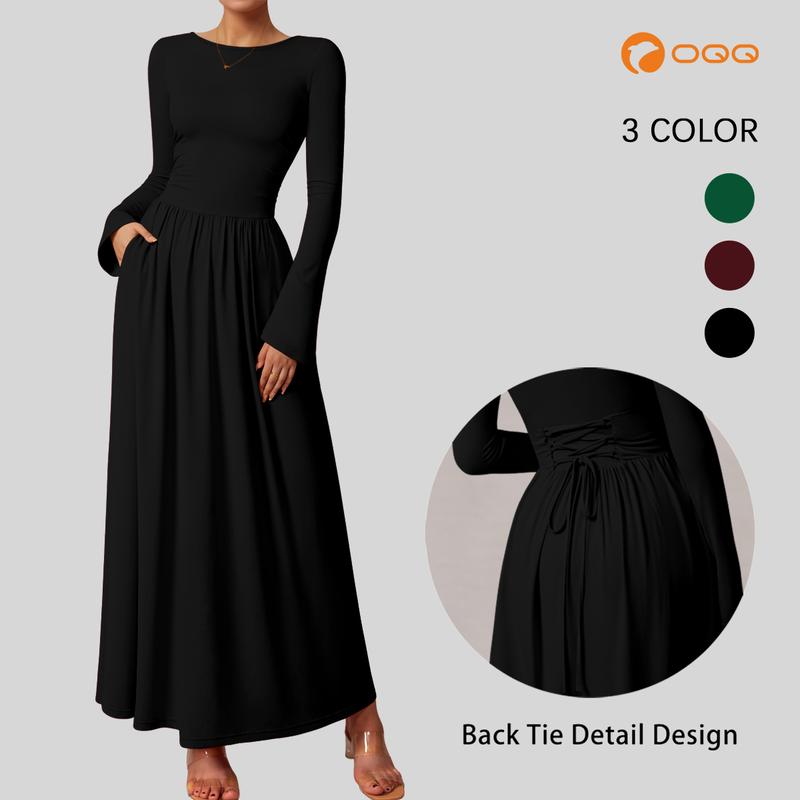 OQQfitness Womenswear Maxi Flowy Dresses Bell LongSleeve Boat Neck Adjustable Back Tie Casual Elegant Empire Waist Lace Basic Minimalist with Pockets