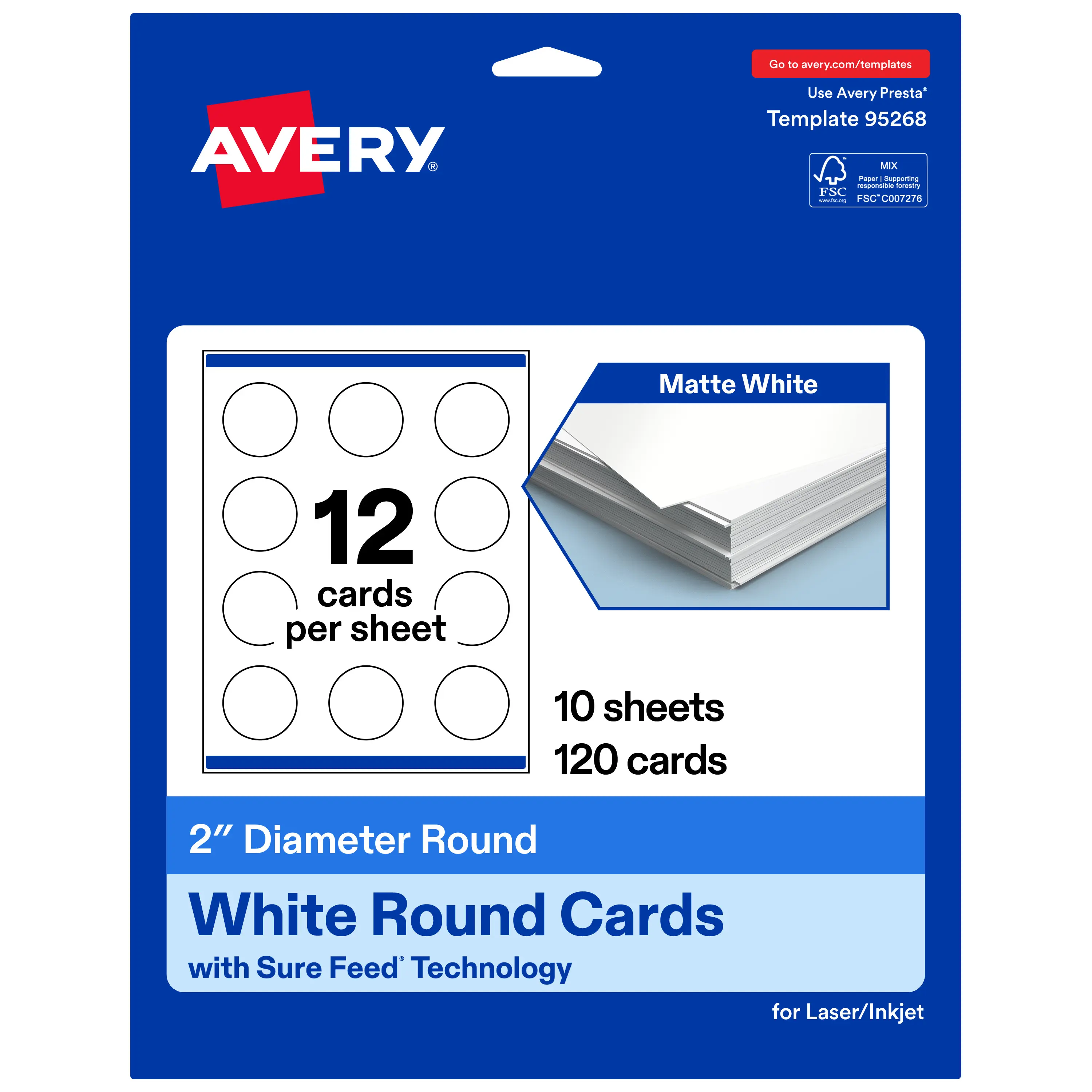 Avery Printable Matte White Cards with Sure Feed, 2" Diameter Round