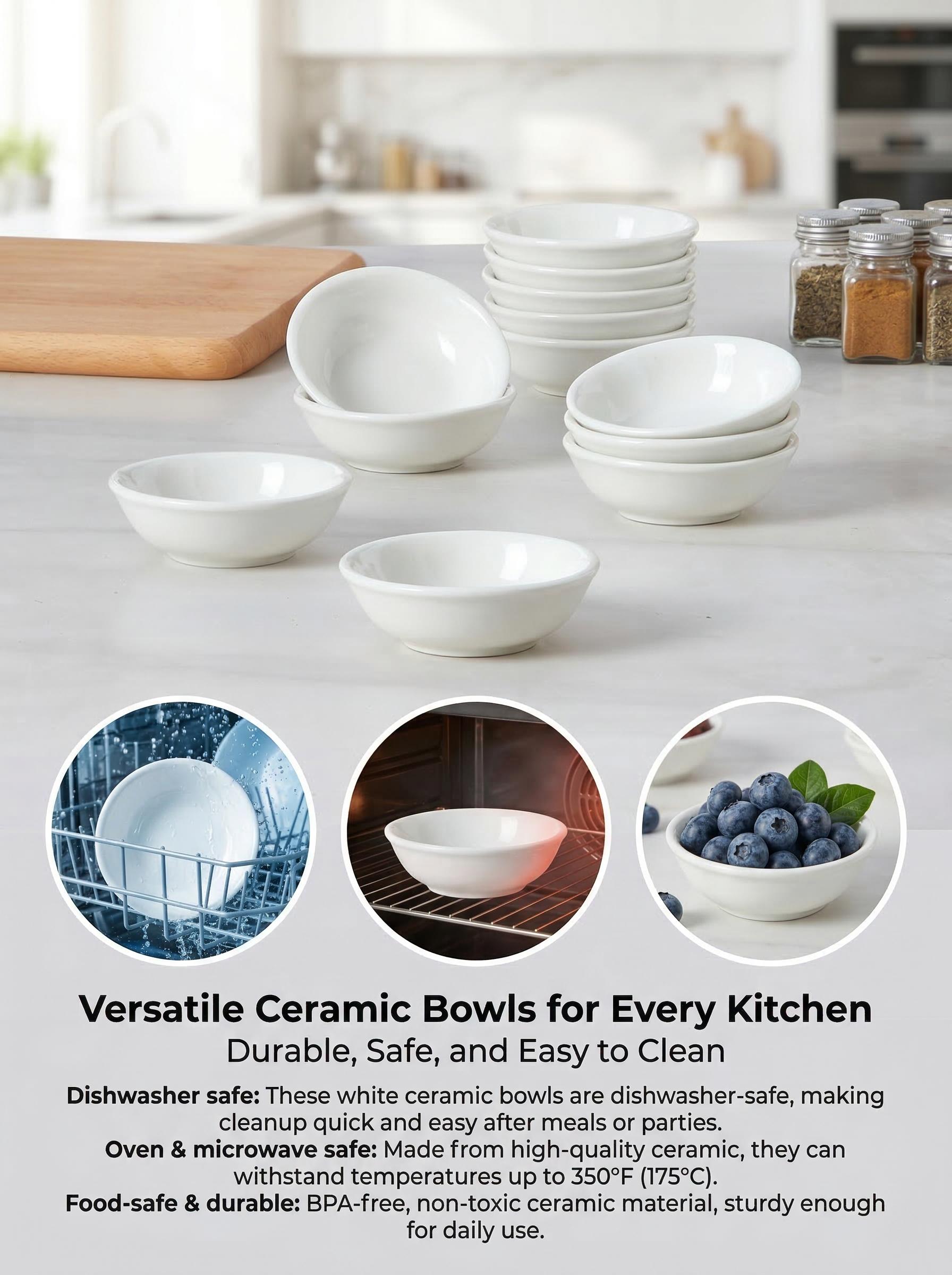 12 & 24 Pack 1.2 Oz Small Ceramic Dipping Bowls Bulk, White Soy Sauce Dishes for Ketchup, Olive Oil, Sushi, Appetizer & Condiments ,white