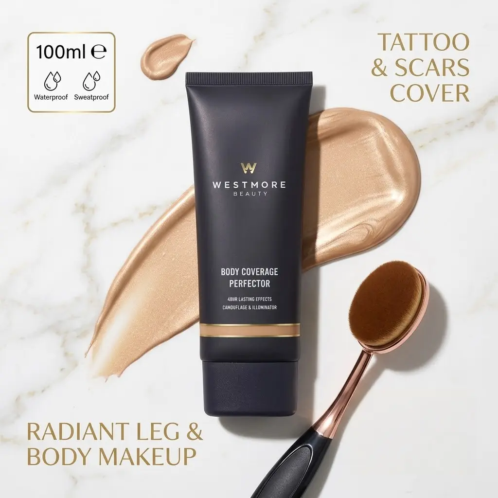 Westmore Beauty Body Coverage Perfector - Waterproof & Sweatproof Leg & Body Makeup, Concealer & Tattoo Cover-Up, 100ml Flawless Lightweight Blend Brush Sold Separately Cosmetic Body Highlighter Radiant