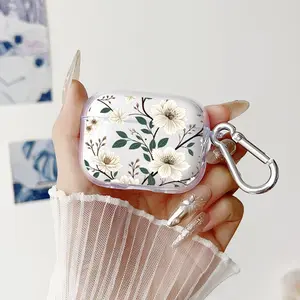 Plain White Flower Pattern TPU Soft Protective Case for Apple AirPods 4/3/2/1/Pro/Pro2 Transparent Earphone Cover with Keychain Attachment