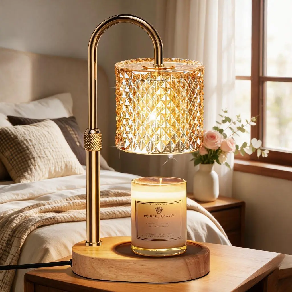 Adjustable candle heater lamp with crystal glass lampshade, electric candle melting device with wooden base, dimmer and timer switch, flameless candle heater for home decoration