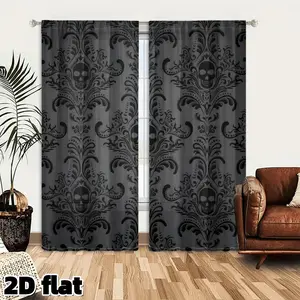 2D Flat 2Pcs Gothic Skull Damask Curtains Dark Gray Black Pattern Semi Sheer Window Drapes Living Room Bedroom Balcony Home Decor Elegant Victorian Style Treatment Panels Rod Pocket Design Wall Art Decoration