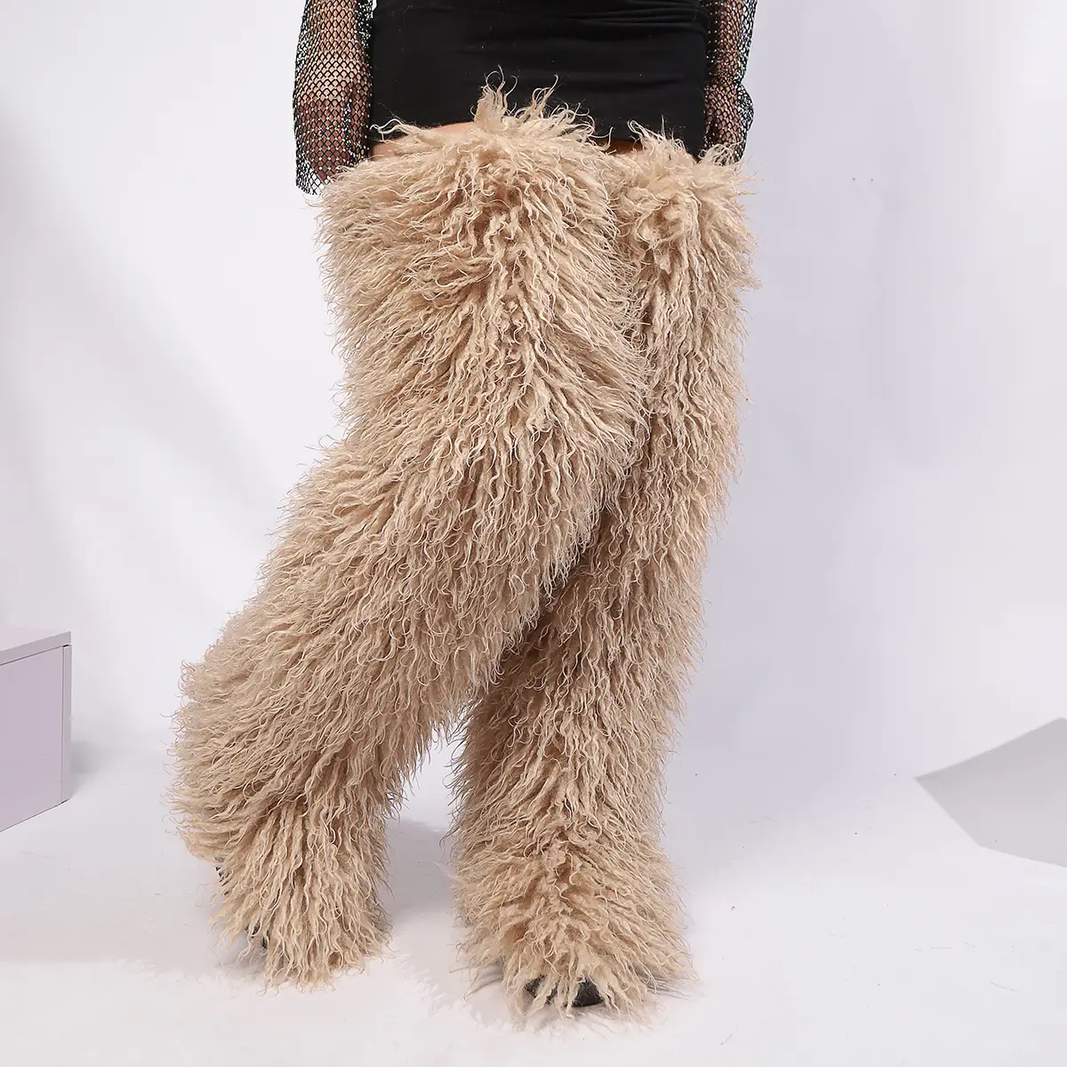 Fluffy Shaggy Faux Fur Thigh High Boots for Women - Curly Mongolian Style Over the Knee Party Boots sohochic