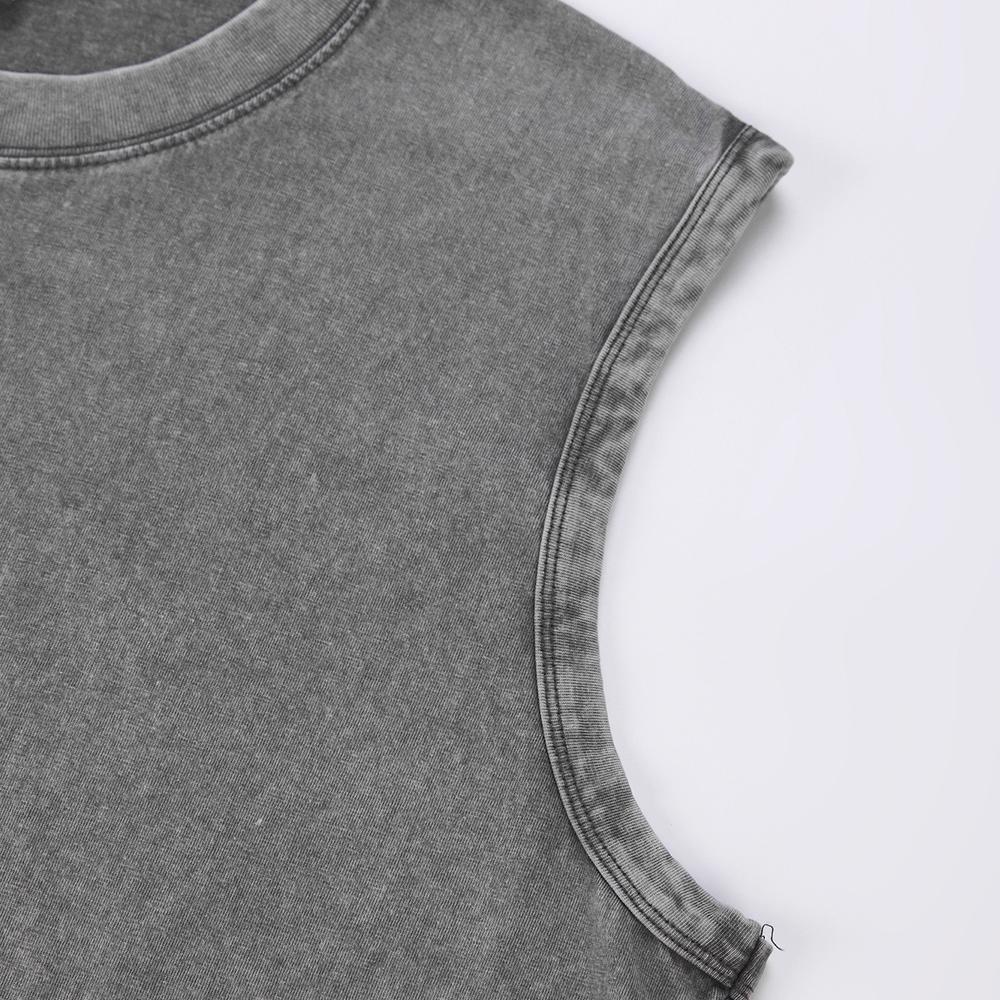 3-pack vintage textured pure cotton sleeveless T-shirts with a distressed wash; crew neck, wide shoulders; casual athletic base layer tank tops for sports, leisure, fitness, running, and basketball.