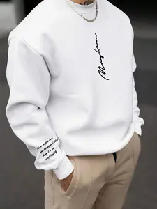 Men's Classic Simple Letter Print Fleece Long Sleeve Fitted Sweatshirt, Casual Round Neck Top for Fall & Winter, Versatile and Comfortable