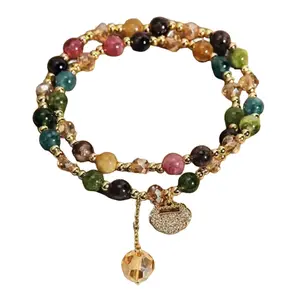 Double Layer Rainbow Tourmaline Bead Bracelet for Women, Natural Stone Bohemian Jewelry with Longevity Lock Charm, Seven Colored Design, Dainty Layering Accessory, Perfect for Daily Wear, Yoga, Party & Gift