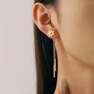 Women's Stainless Steel Bohemian Flower Rectangular Pendant Earrings - 1 Pair Flat Pierced Jewelry, Artistic Statement Charms, Unique Design for Wedding Banquets, Beach Vacations, Earring for Women