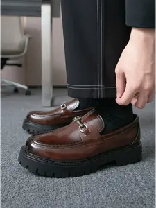 Men's Casual Leather Shoes: Slip-on Loafers with Metal Buckles – New Trend for Spring/Autumn, Hand-stitched