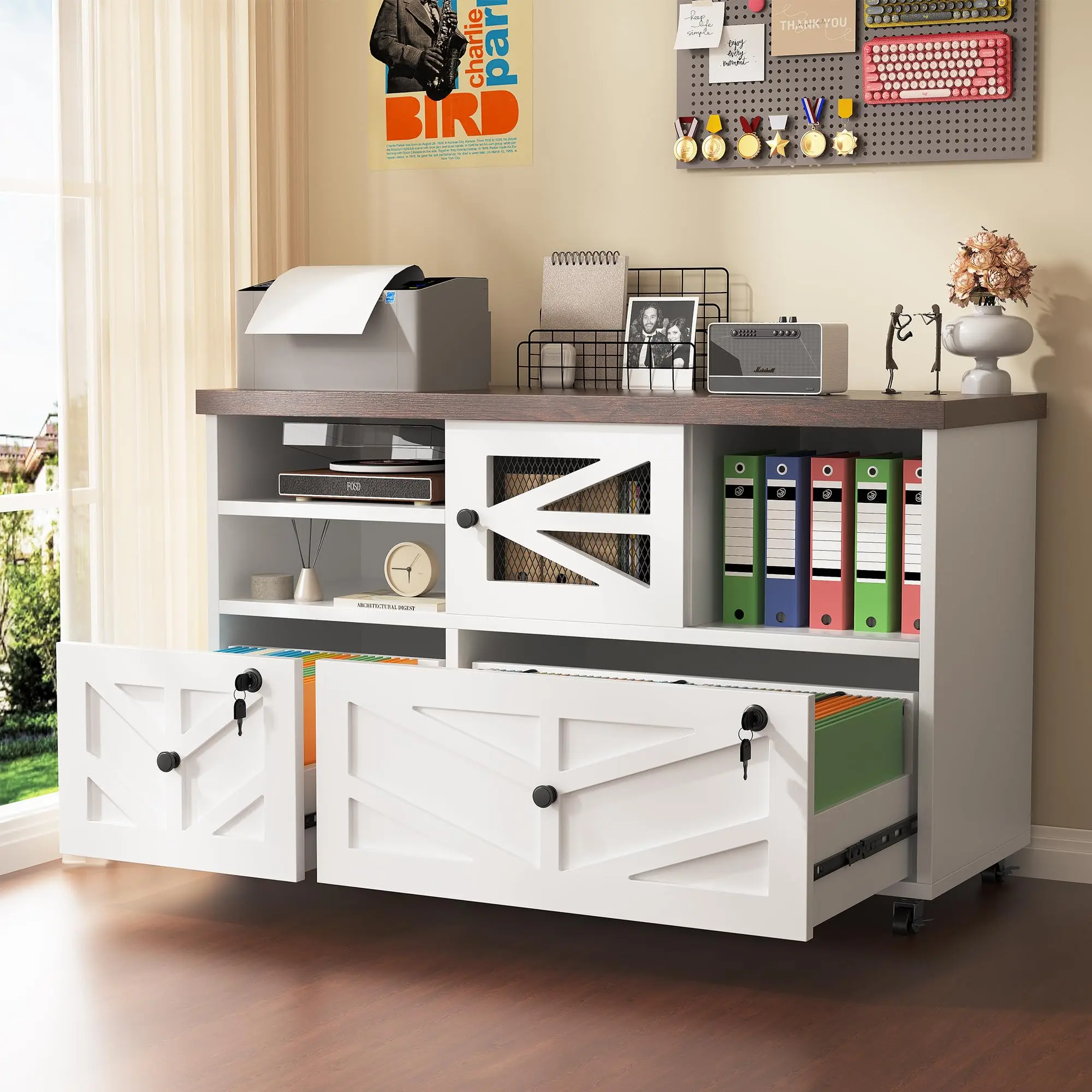 White Lateral 2-Drawer Locking Rolling File Cabinet with Wheels, Sturdy Wooden Top, Herringbone Pattern, for Home Office Legal/Letter Size Storage, Drawers