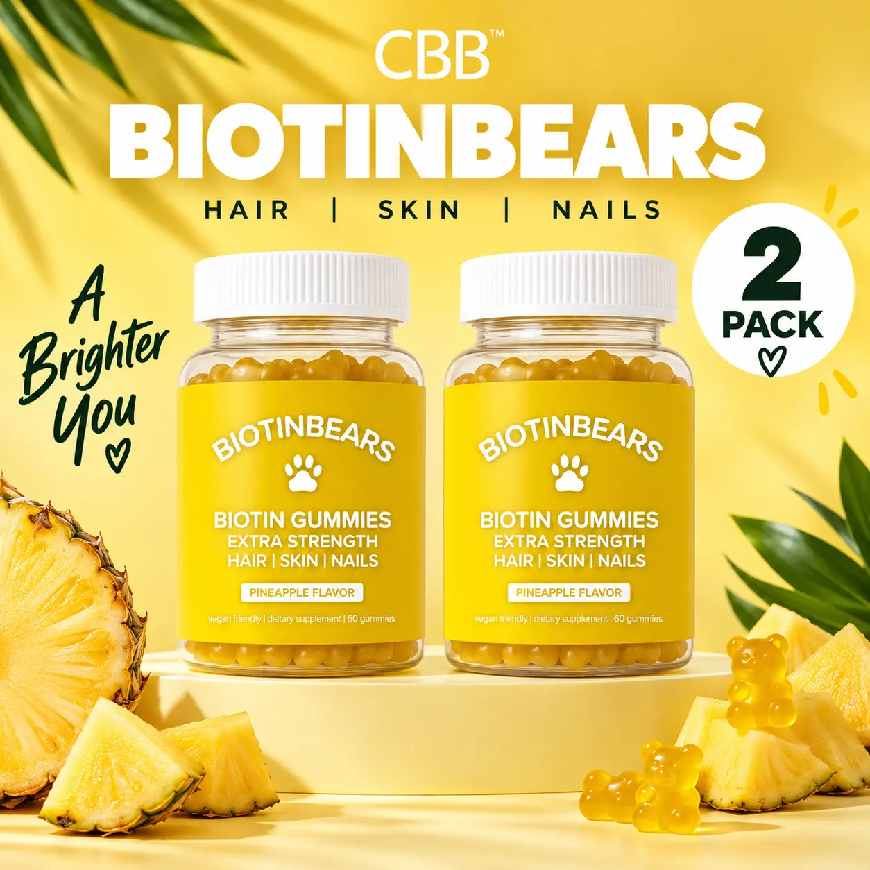 CBB BiotinBears Vegan Chewable Biotin Gummies Double Pack - Adult Dietary Wellness Supplement, Biotin for Hair & Skin Care, Nails Support, Vitamin C, E, B6, B12, Pineapple Flavor, 2-Month Supply, 120 Gummies