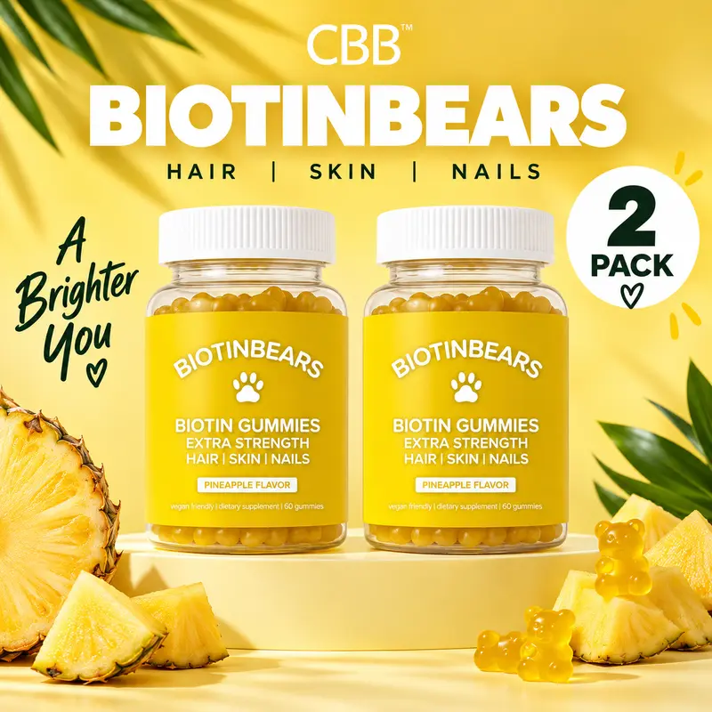CBB BiotinBears Gelatin-Free Chew Vegan Gummies Double Pack - C.B.B. LLC Adult Dietary Supplement, Biotin for Hair & Nails, Vitamin C,E,B6,B12, Pineapple Flavor, 2-Month Supply, 120 Gummies for All Ages