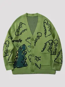 Men's Fall Winter Long Sleeve Knit Cardigan, Dinosaur Fun Pattern, Comfortable Warmth, Casual Graffiti Style, Daily Wear, Knit Sweater
