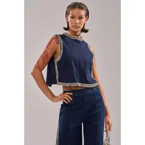 POPPIN OUT RHINESTONE DENIM BLOUSE IN DARK WASH DENIM