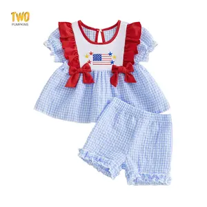 Little Girls Independence Day Outfits Adorable American Flag Embroidery Short Sleeve Round Neck Tops And Plaid Shorts Set Fourth Of July Clothe