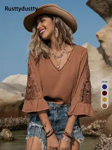 Women's Solid Color V Neck Blouse, Boho 7/8 Sleeve Top for Beach Vacation Holiday, Ladies Clothes for Summer