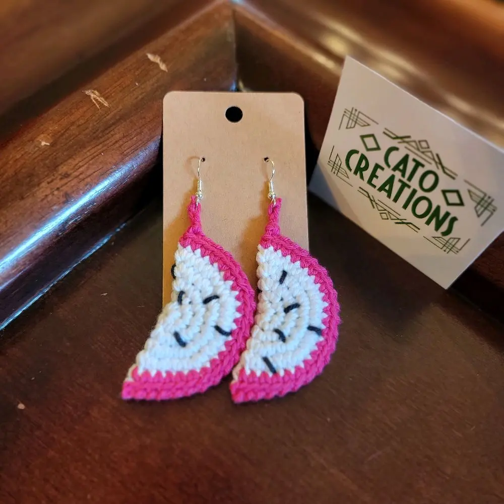Crocheted Dragon Fruit Earrings Funky Jewelry Pink White Design. Unique Accessories