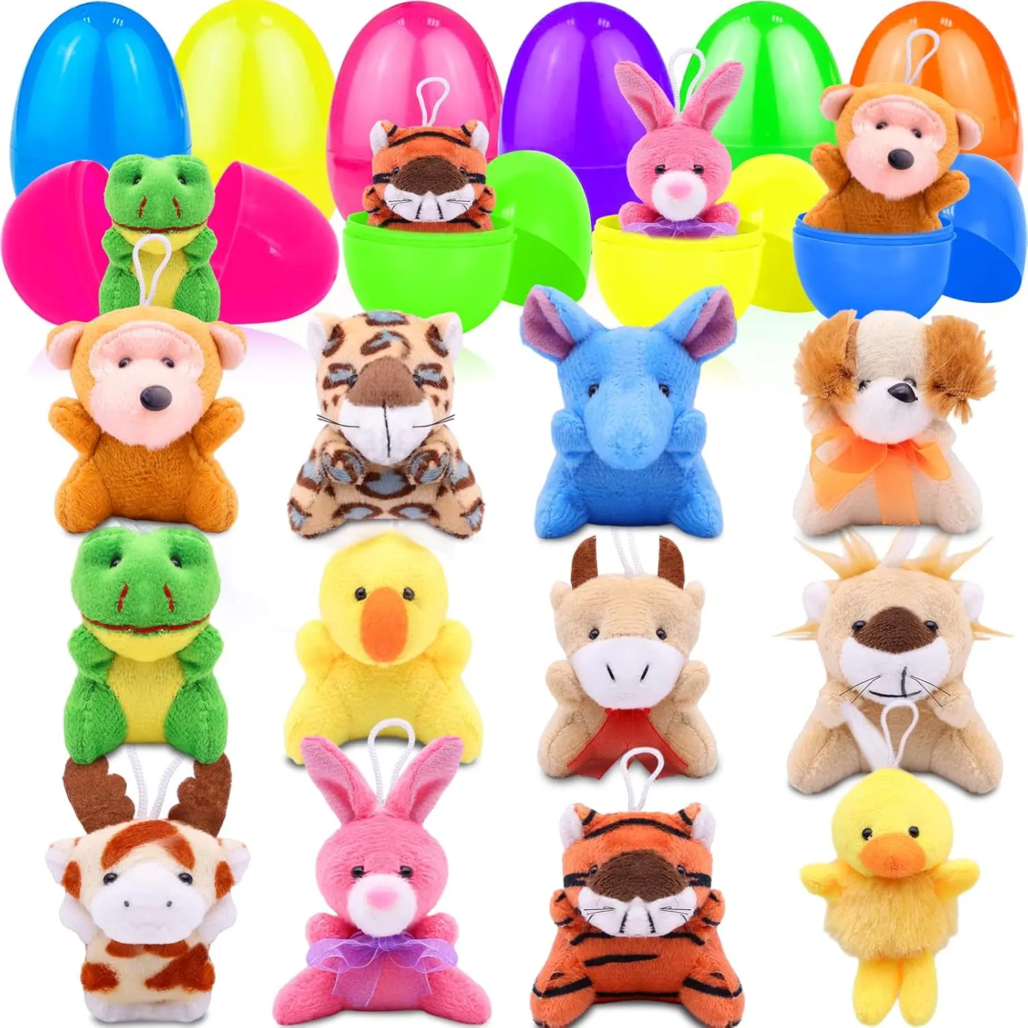 12 Pcs Filled Easter Eggs with Mini Stuffed Animal Plush Toys Easter Basket Stuffers Filler for Kids Toddler Boys Girls Egg Hunt Party Favors Classroom Prize Supplies, Easter Classroom Gifts