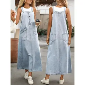 Ciel Fashion Women's Button Half Placket Pocket Casual Denim Overall Dress