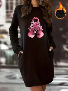 Women's Cartoon Boxing Gloves Print Round Neck Sweatshirt Dress, Casual Long Sleeve Crew Neck Dress for Fall & Winter, Women's Clothes for Daily Wear