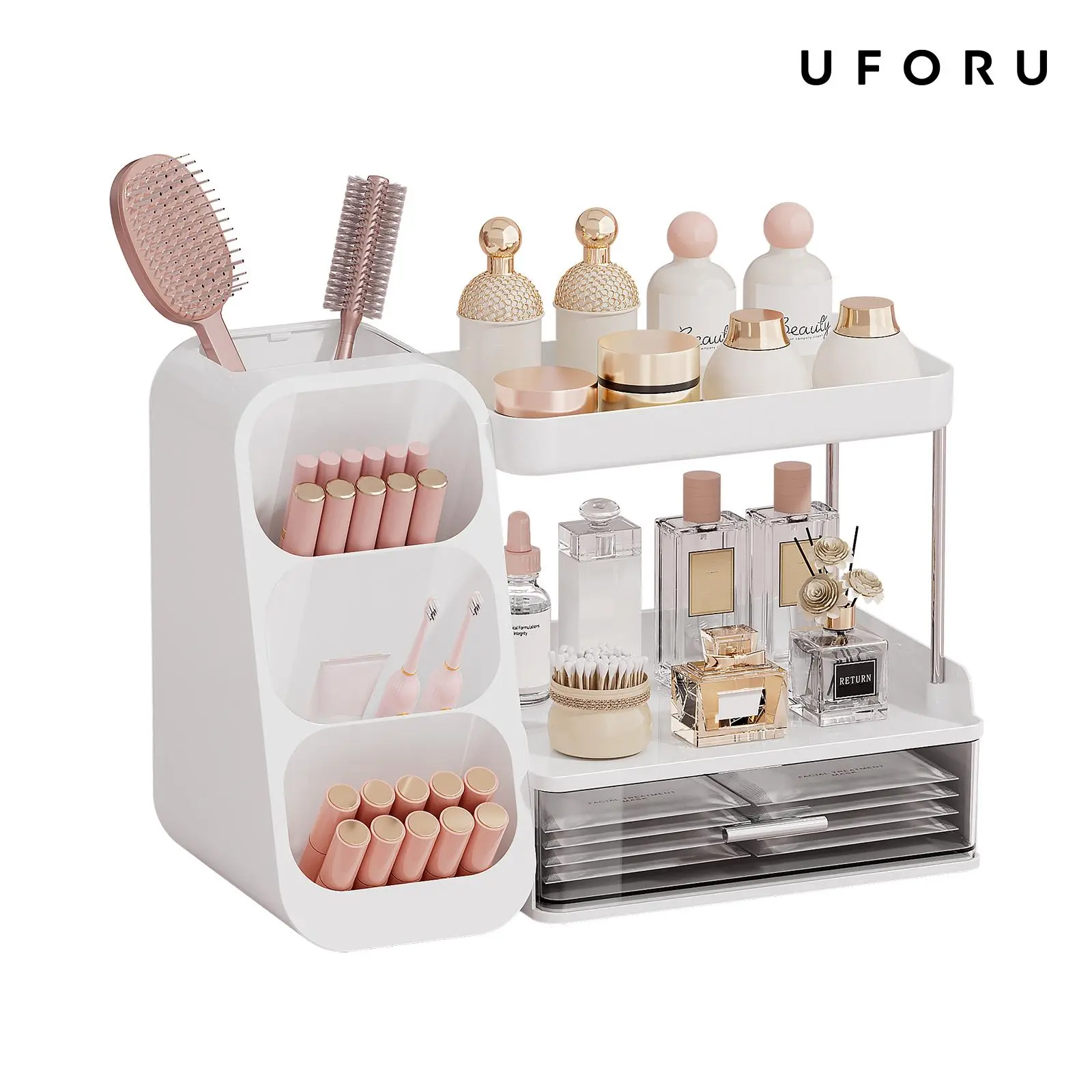 UFORU Bathroom Counter Storage Rack - Sturdy Metal Home Organizer with Anti-Slip Base, Multi-Zone Design, Easy Installation, Effortless Cleaning, Ideal for Cosmetics, Skincare Products, Gift Ideas