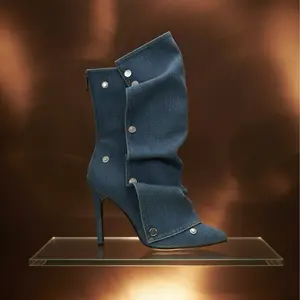 Nayla Denim Ruffle Bootie - High Heel Stiletto Boots with Button Detail and Ruffle Design for Women
