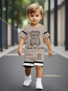 Trendy Bear Short Sleeve Shorts Set, Colorblock Striped Elements, Unlock New American Casual Style, All Seasons Fitted, Striped Sets