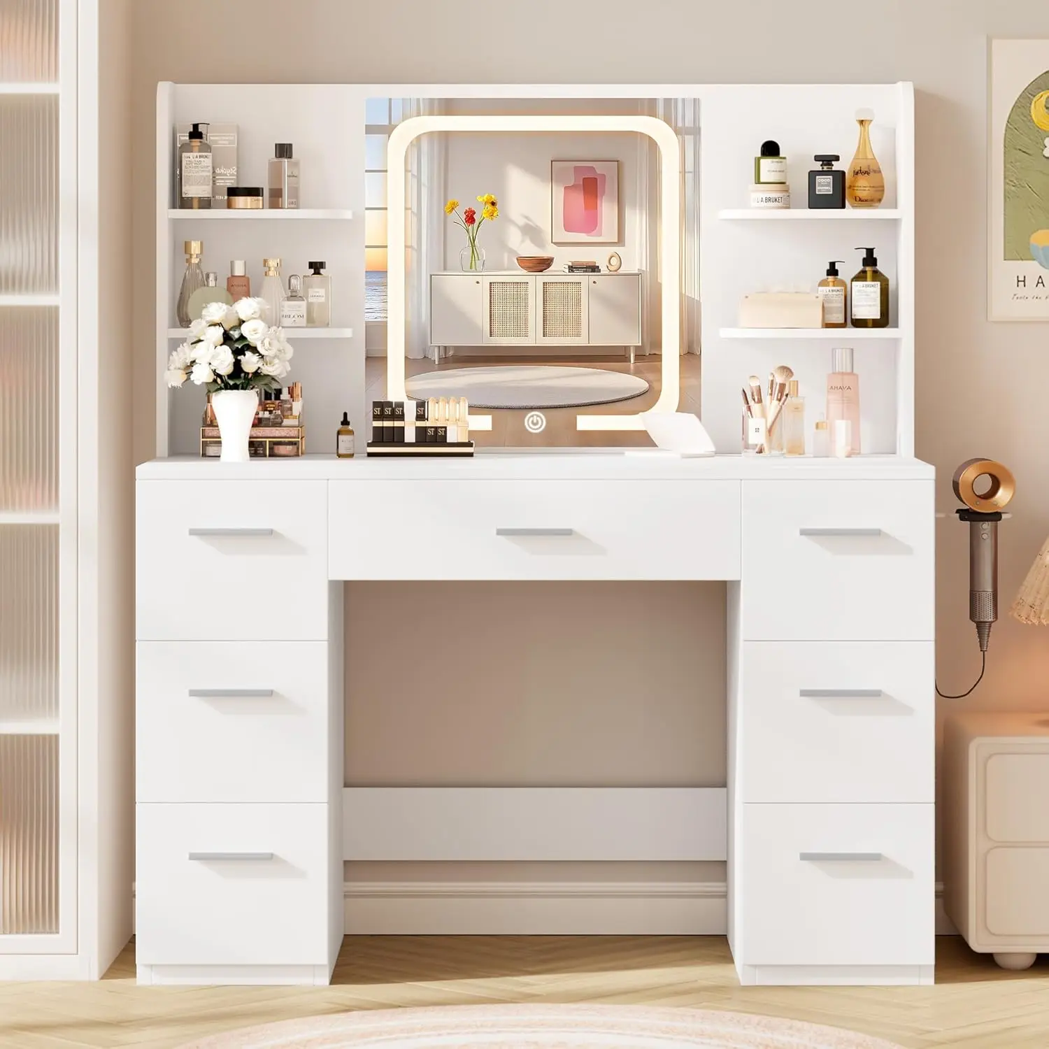 White Large Makeup Vanity Desk with Smart LED Mirror & Power Station, 43" Professional Dressing Table with 7 Drawers, 4 Open Shelves & Hairdryer Holder for Bedroom