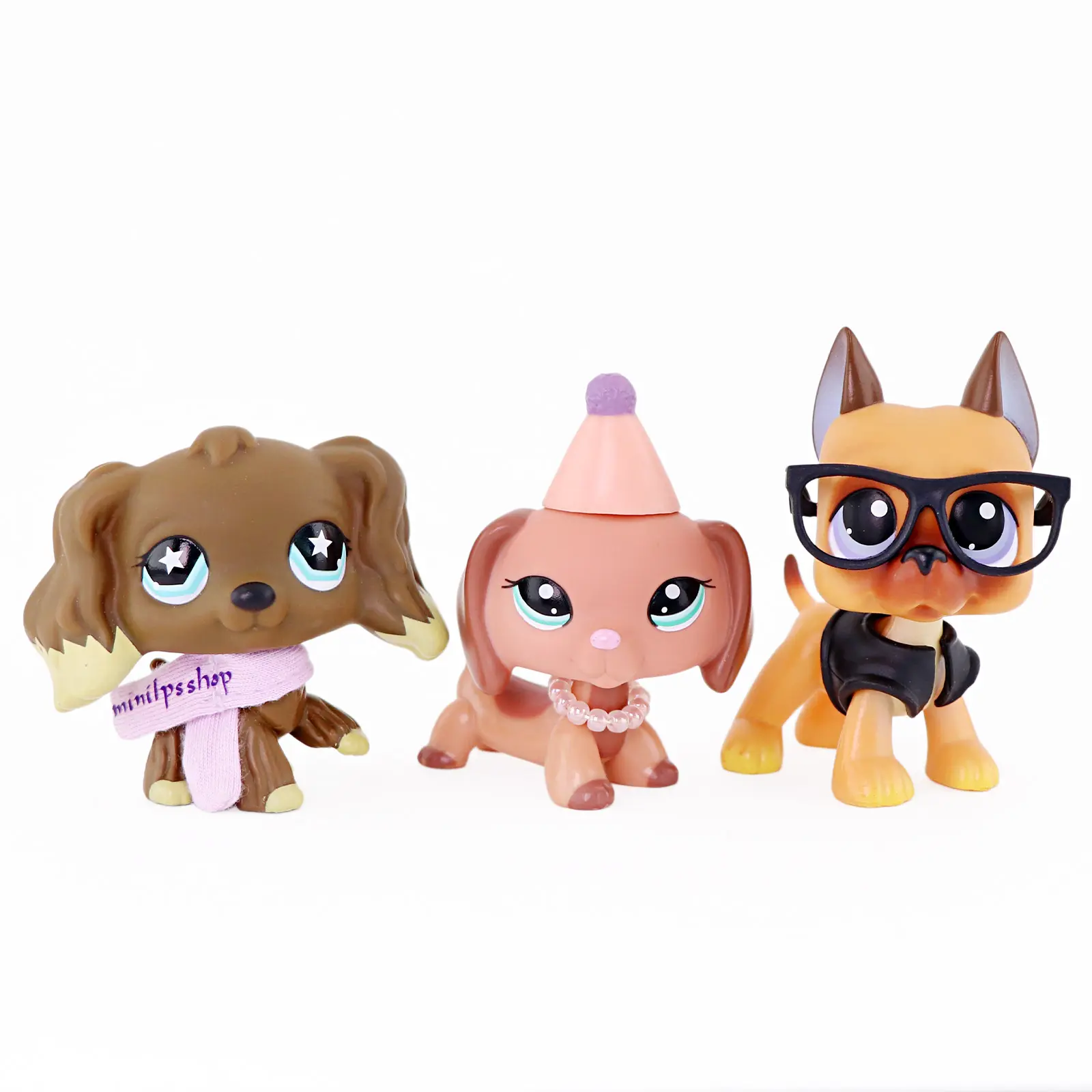 3Pcs Big‑Eye Dog Figurines Set Spaniel Dachshund Great Dane Puppy Mini Collectible Figures With Accessories Desktop Ornament Kids Toy Gift