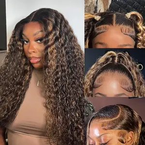 LRV Hair 1B/30 Deep Wave 13×4 Lace Front Wigs Human Hair Pre Plucked Balayage Ombre Brown Curly Lace Front Wig Human Hair Lace Frontal Wigs for Women 150% Density 26 Inch