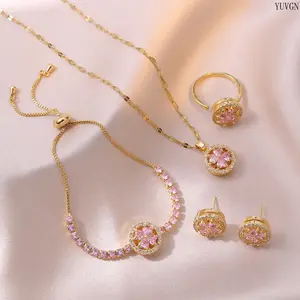2026 New 5Pcs Pink Rotating Jewelry Set, Titanium Steel Necklace Earrings Ring Bracelet Combo, Trendy Micro Inlaid Zircon Rotating Pendant, Elegant Luxury Ornament Set for Women Daily Party Gift