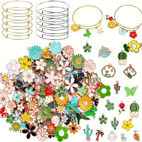 300pc Assortment Jewelry-Making Craft Kit - Zinc Alloy Spring Floral Supplies, 15 Controllable Bracelet Bases, 60 Flower Charms, 45 Ear Hooks, 180 Jump Rings, Enamel Pendants (0.28-1.22 inches, 6.5cm/2.55in) for DIY Necklaces, Earrings, Gifts