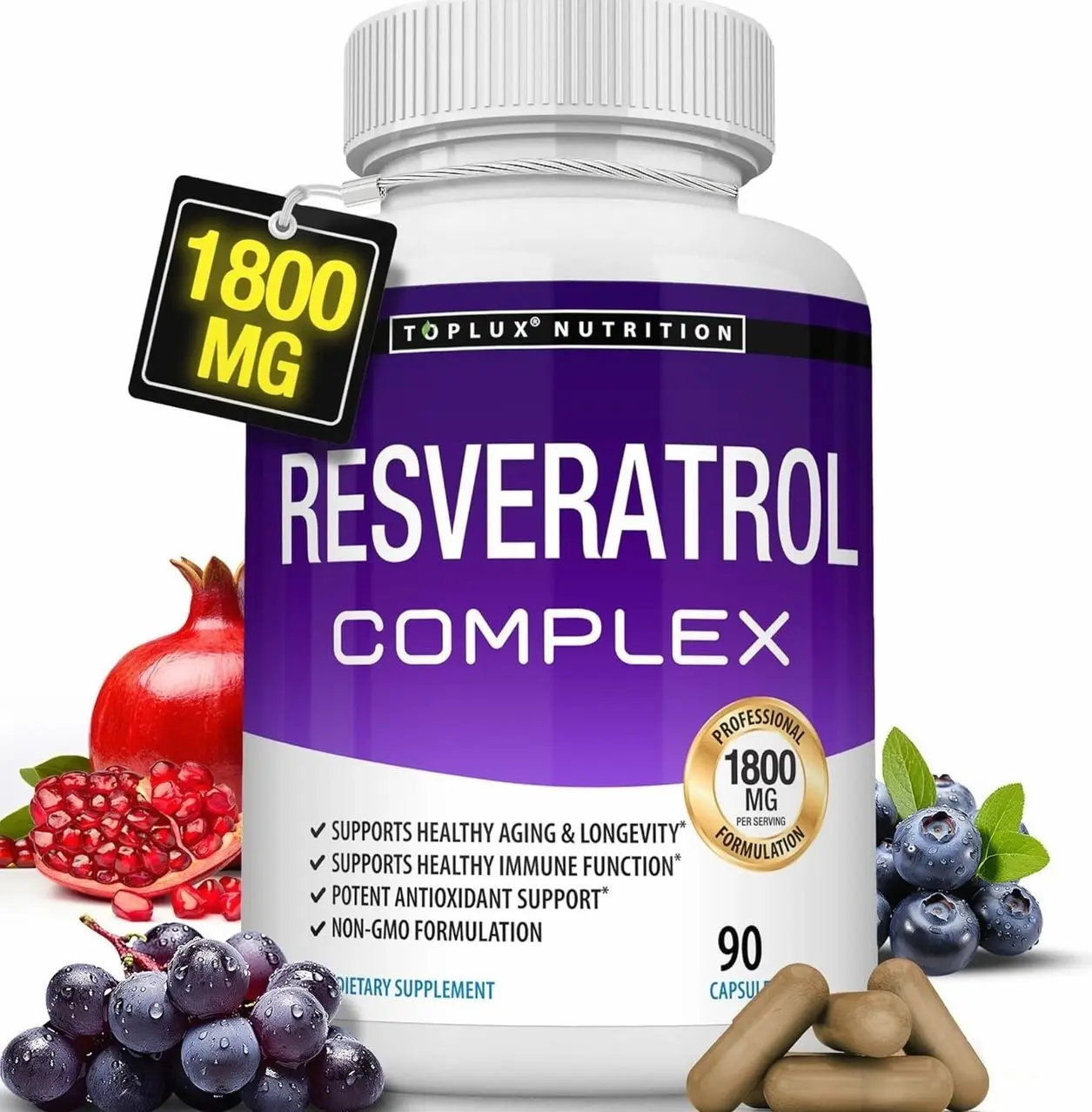 Resveratrol Supplement 1800 mg Antioxidant Complex - Highly Potent Natural Trans-Resveratrol Pills for Healthy Aging, Overall Health Support, Immune System, Brain Function, for Men Women, 90 Capsules