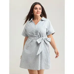 BLOOMCHIC Plus Size Pure Cotton Short-Sleeve Mini Dress - Stone Button, Side-Knotted Waist, Pocket, Smooth Fabric, Flattering Fit, 2026 Summer Casual Wear Pick for Mothers [M-6X] Women Womenswear 2026 Summer Vibes Swimweek