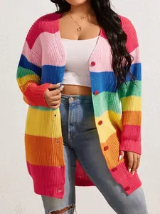 Plus Size Women's Knitted Single-Breasted Cardigan With Multicolor Stripes