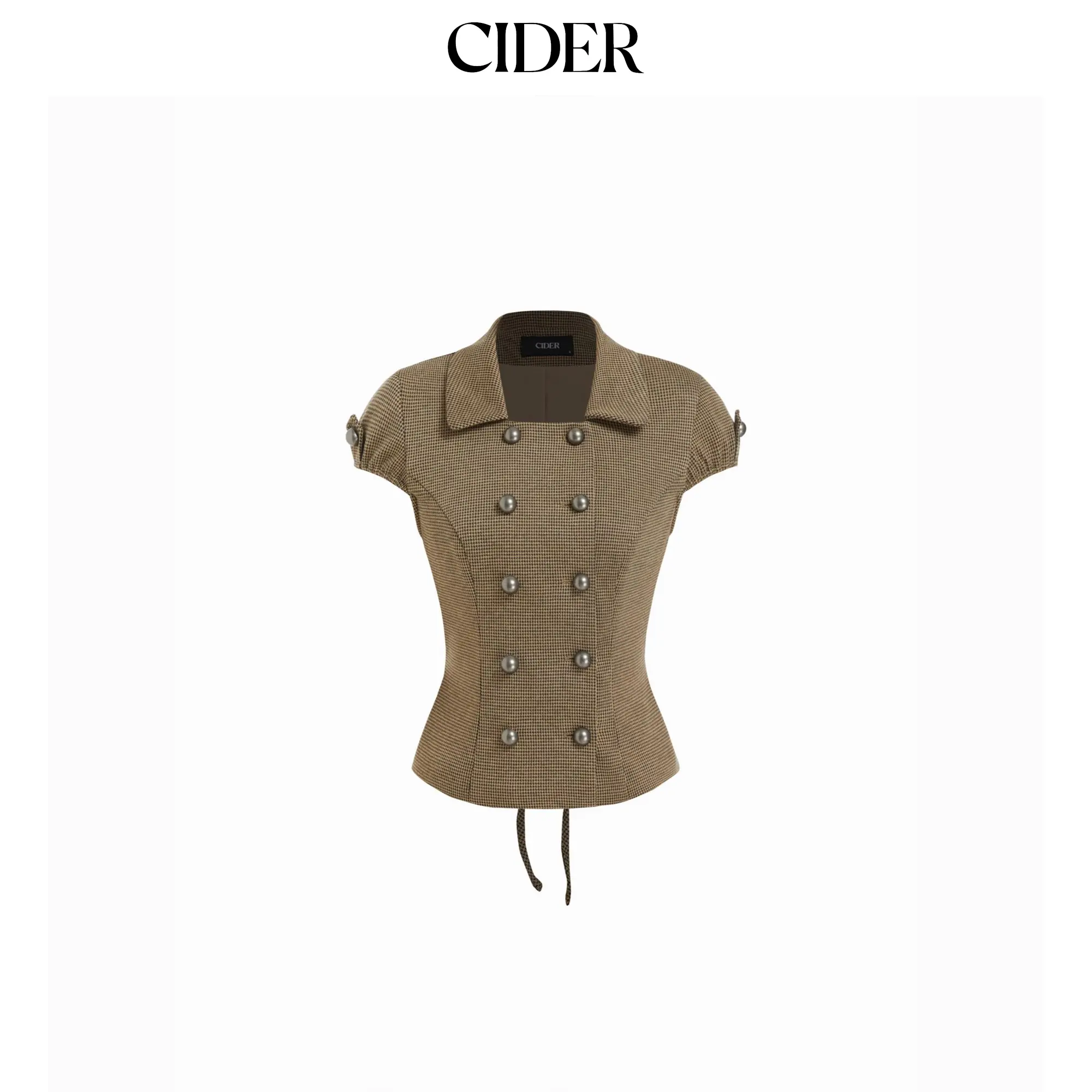Cider Jacquard Houndstooth Puff Sleeve Metal Detail Tie Back Crop Blouse