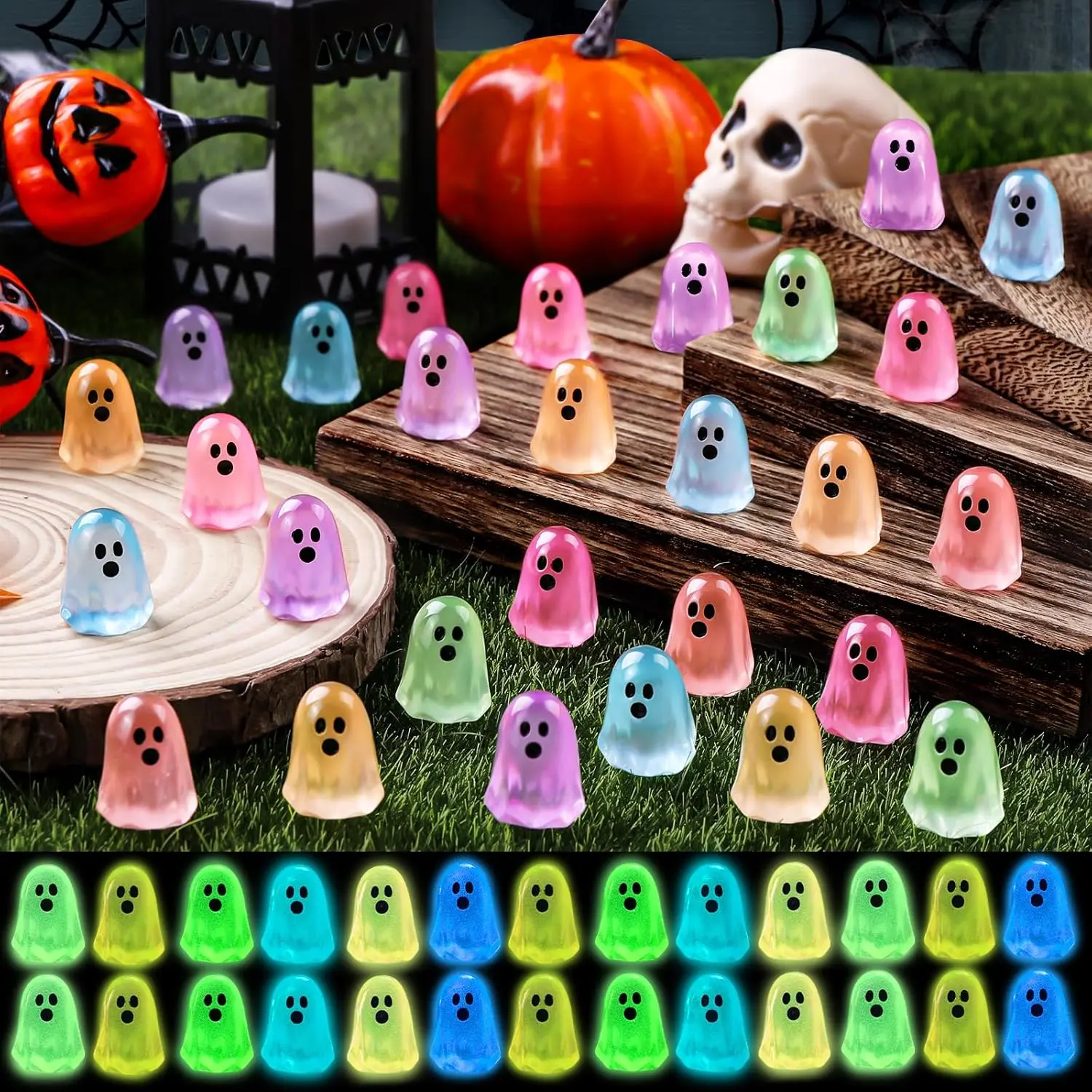 Cozy Fall Gifts 100pcs Halloween Mini Ghosts Figures, Luminous Small Little Resin Ghost Figurines to Hide Glow in The Dark Tiny Statue for Halloween Party Favors Dollhouse Decorations Toys