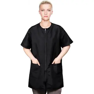 Waterproof Pet Grooming Workwear, Short Sleeves Dog Groomer Smock, Anti Static Baber Uniform with Full Zipper & Pocket