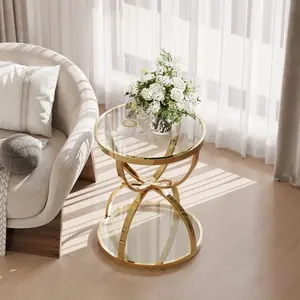 19.69'' Modern Glass Side Table with 2 Tiers, Ring-Shaped Frames, Metal Frame and Clear Tempered Glass, Round Coffee Table,Bedside table for Living Room, Bedroom and Office, Gold