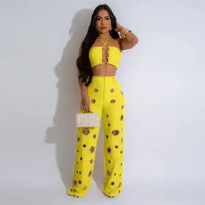 two-piece set woman Sexy Night Party 2 Piece Sets Women Outfit Clubwear Festival Clothing Halter Strapless Crop Top and Hollow Out Wide Leg Pants