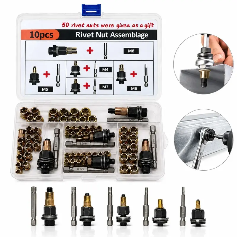 Rivet Nut Tool Kit, M3 M4 M5 M6 M8 Rivnut Set, Carbon Steel Threaded Inserts, Manual Riveter Tool, Threaded Nutsert Kit for Automotive Repair, Metalworking, Garage, Workshop, DIY Projects
