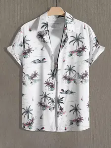 Men's Coconut Tree Print Short Sleeve Aloha Style Shirt, Regular Fit Casual Button Collar Top for Summer, Men's Clothes for Beach Vacation, Menswear