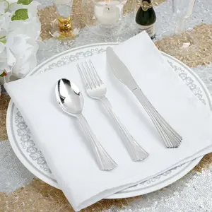 24-Pack Plastic Utensil Set 6", 7" Silver Heavy Duty with Fluted Handles - Disposable Silverware