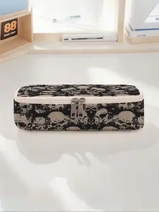 Skull Print Large Capacity Pencil Case, Durable Multi-Functional Storage Bag, Portable Zipper Organizer for School Office Supplies, Stationery Supplies, School Classroom Supplies