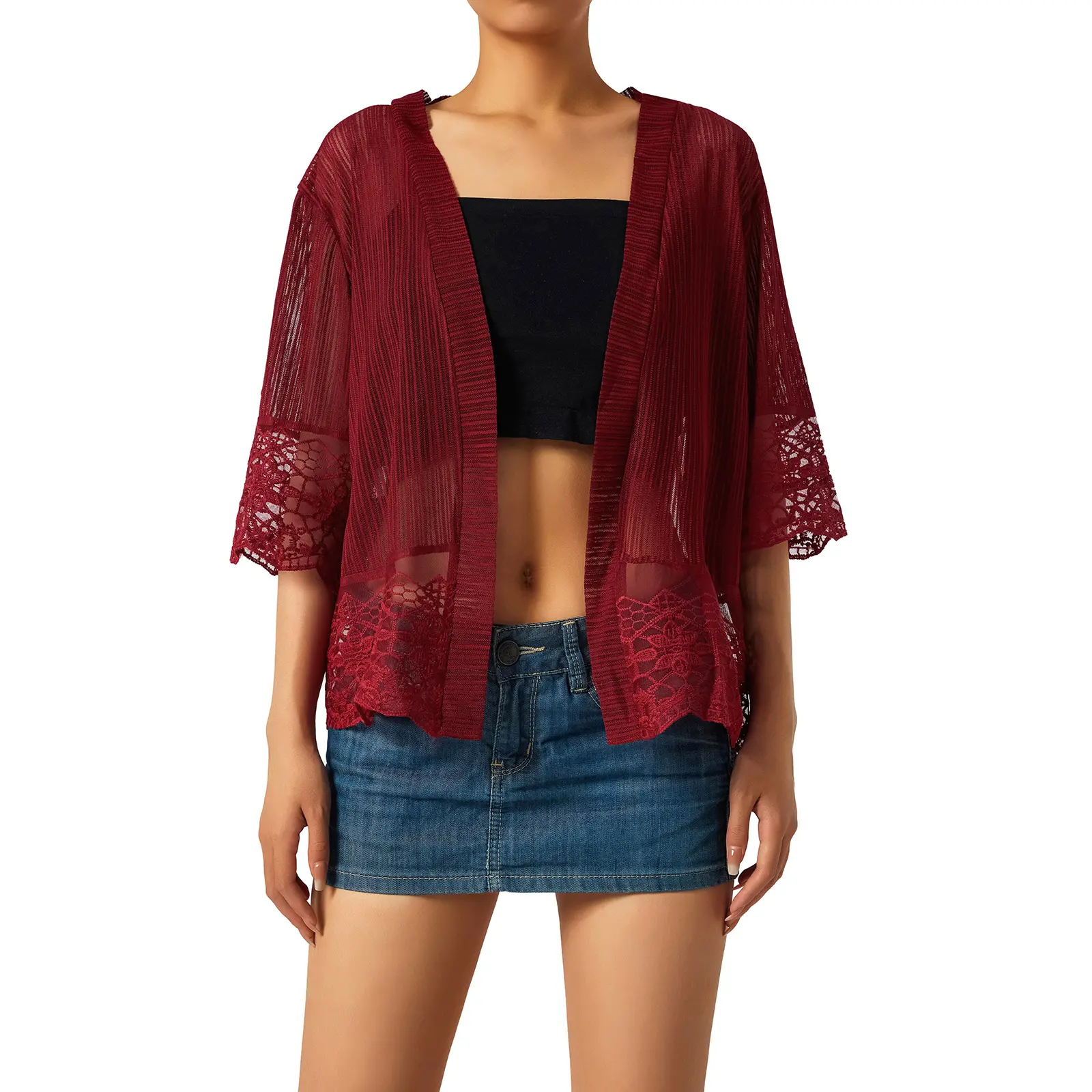 Women´s Open Front Shrug, Short Sleeve Solid Color Lace Patchwork Sheer Bolero Cover Up