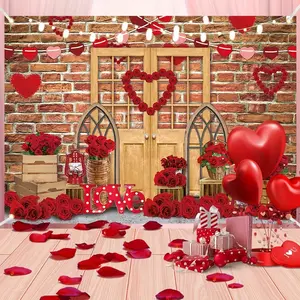 Valentine's Day Heart Background Banner, Polyester Brick Wall Wood Door Backdrop, Wedding Birthday Photo Cake Table Indoor Outdoor Hanging Flag