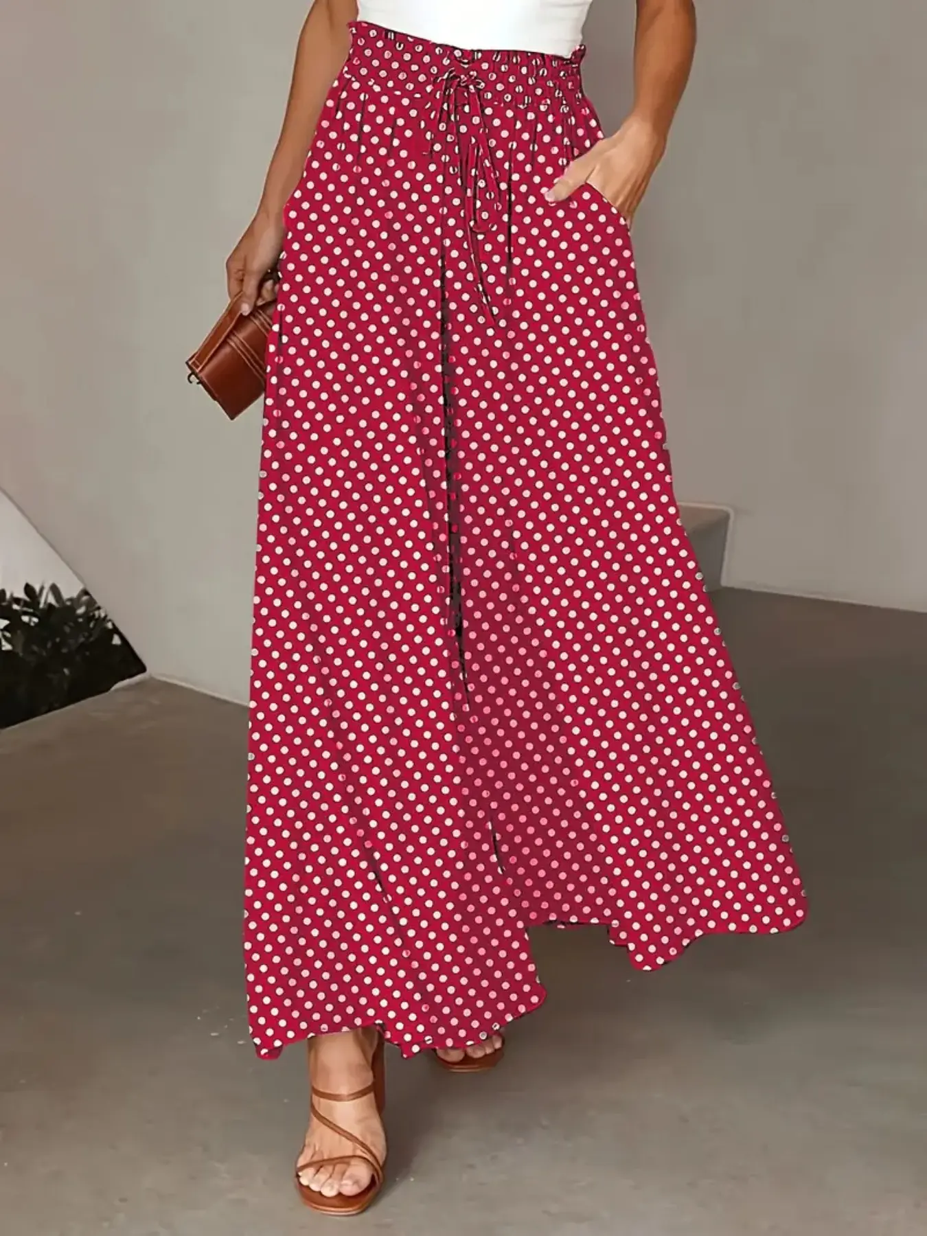 Boho Wide Leg Bottom Pants Casual Lounge Pant Trousers Elastic Waist Drawstring Adjustable Polka Dot Print Long Skirt Pants, Fitted, Stylish, Chic and Comfortable Women's Fashion, Perfect for Casual Wear, Womenswear