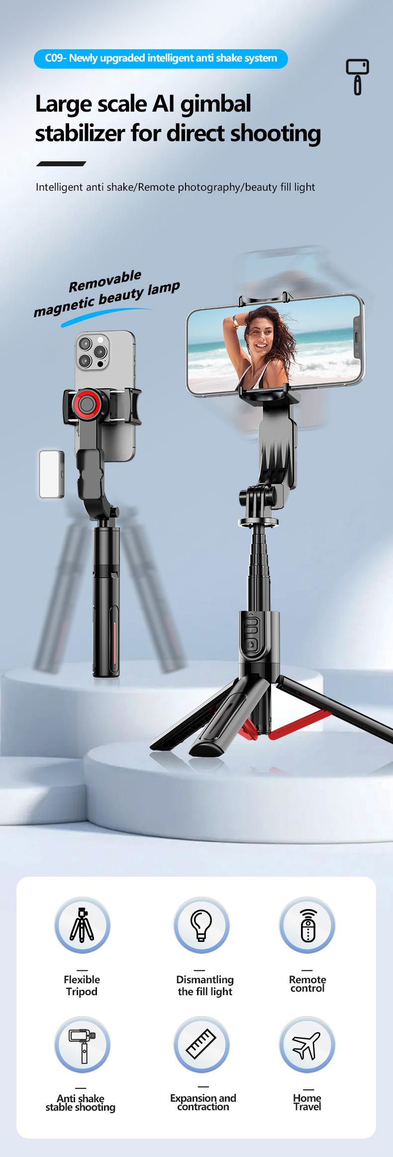 1-Axis Gimbal Stabilizer with Magnetic Fill Light, Anti-Shake Selfie Stick Tripod, Bluetooth Remote, Auto Balance Phone Stand, Aluminum Alloy Vlogging Gear for iPhone & Android