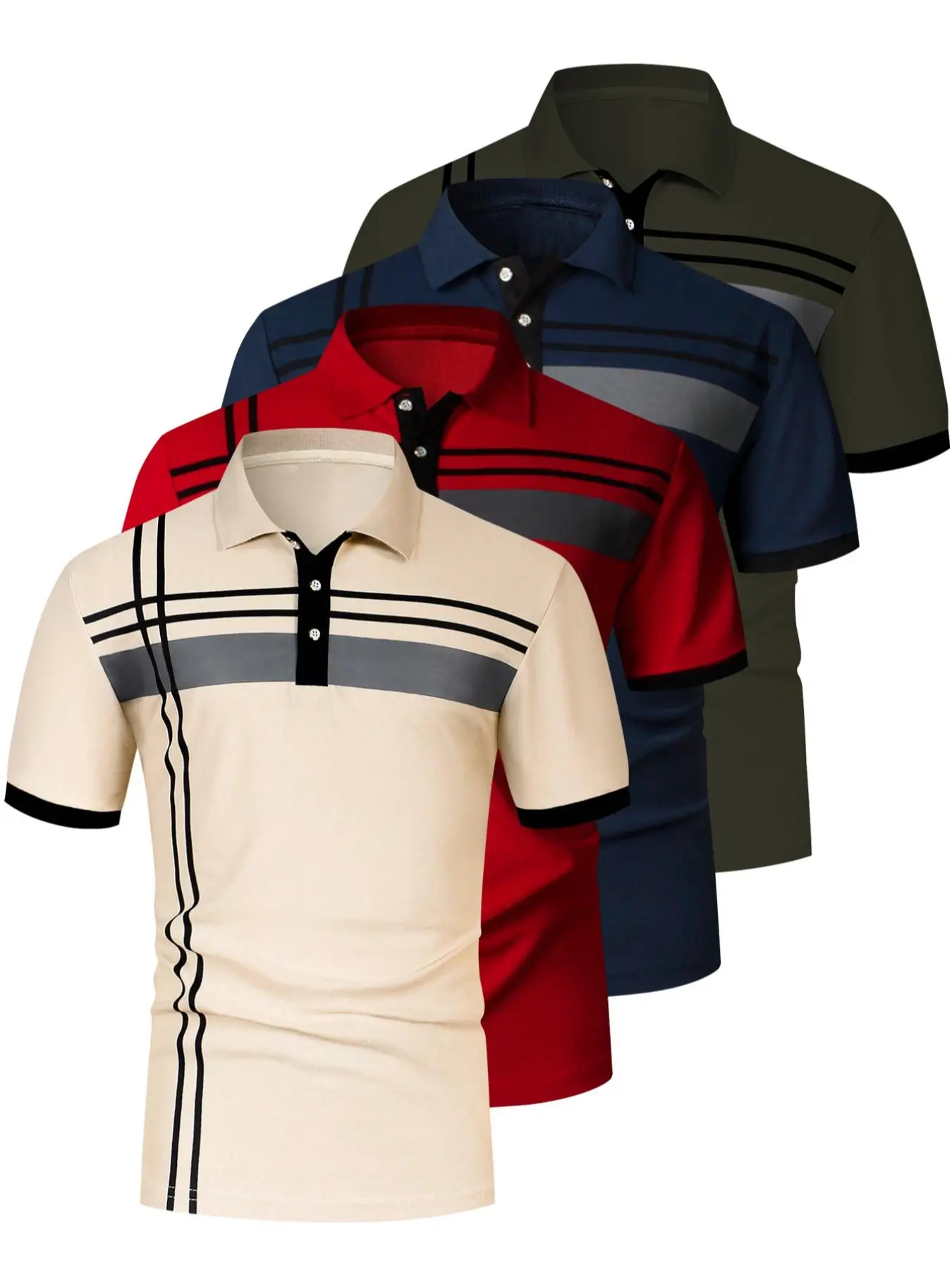 Men's Striped Print Short Sleeve Polo Shirt, Regular Fit Trendy Casual Buttons Collared Top for Summer, Men's Clothes for Daily Wear, Printed Polo Shirts, Summer Polos