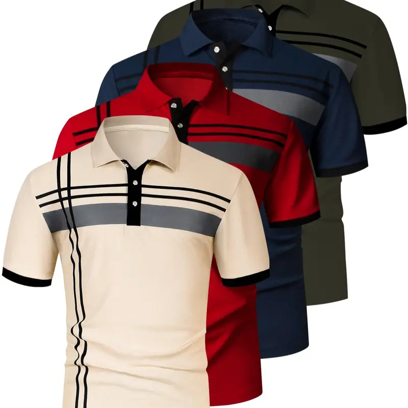 Men's Striped Print Short Sleeve Polo Shirt, Regular Fit Trendy Casual Buttons Collared Top for Summer, Men's Clothes for Daily Wear, Printed Polo Shirts, Summer Polos
